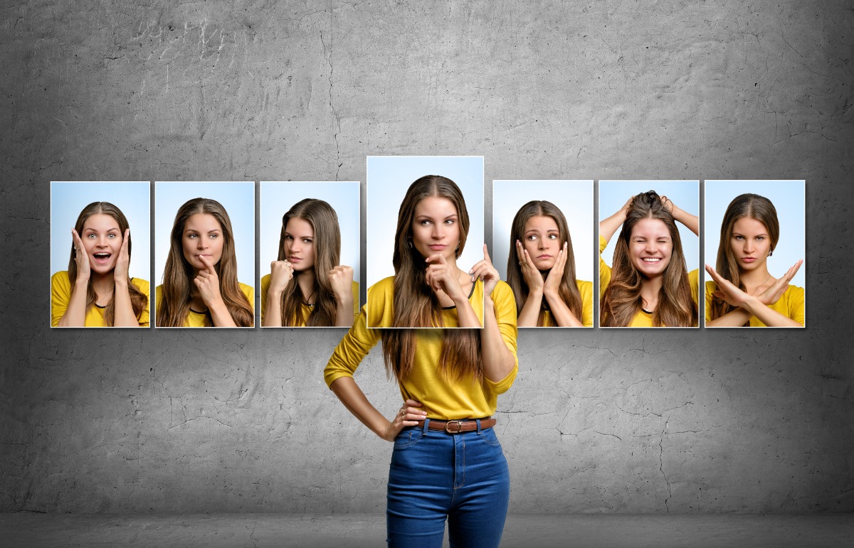 different facial expressions of woman with yellow shirt