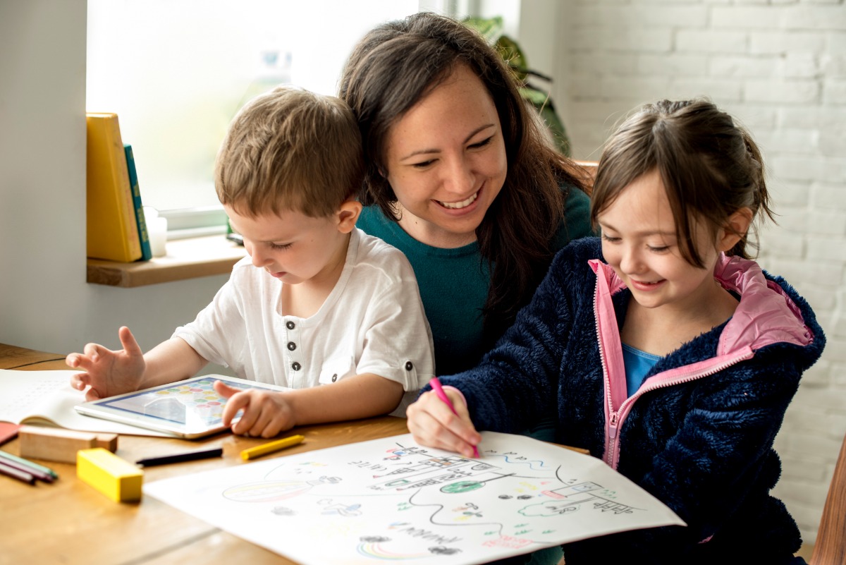mother and children interacting drawing